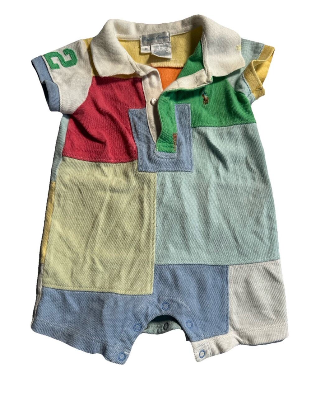 Ralph Lauren Baby Patchwork Rugby Polo Romper One Piece 3M Colorblock
